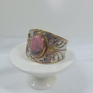 Artisan RHODONITE Gemstone Cuff Statement Cuff Bracelet Mixed Metal